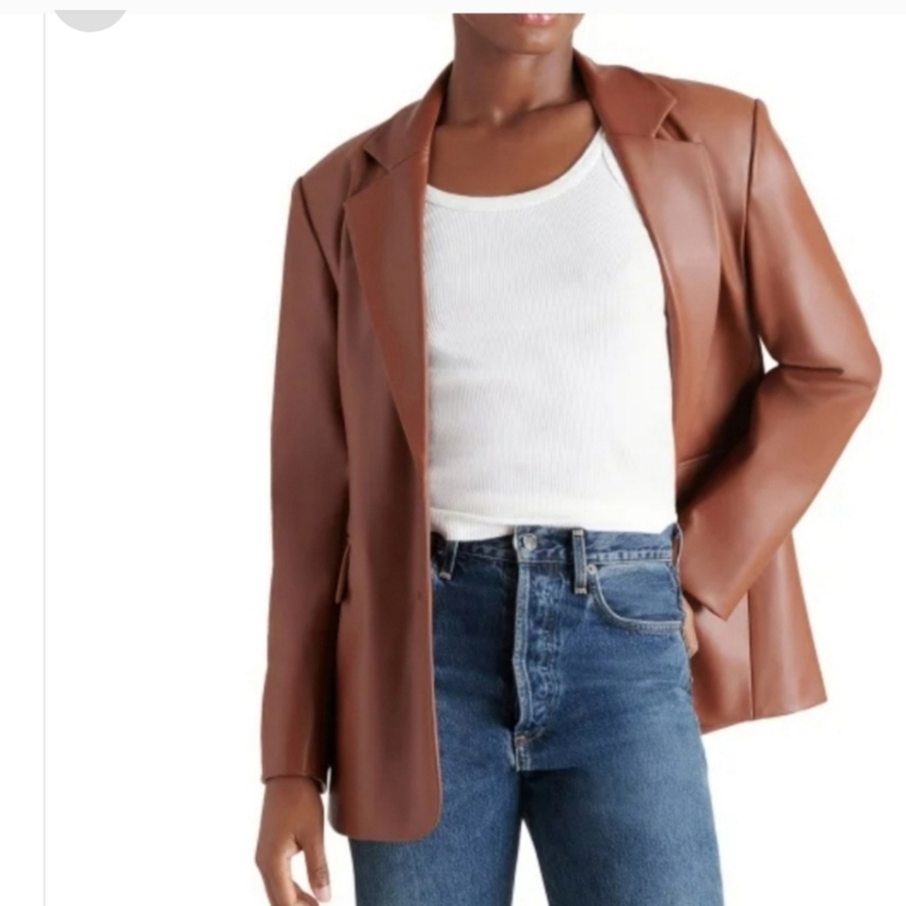 Steve Madden - Womens Oversized Faux Leather Blazer | Cognac Brown | Lined Sz S